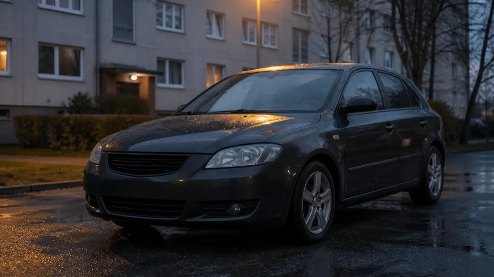 Używane auto osobowe wieczorem na osiedlowym parkingu w Trójmieście
